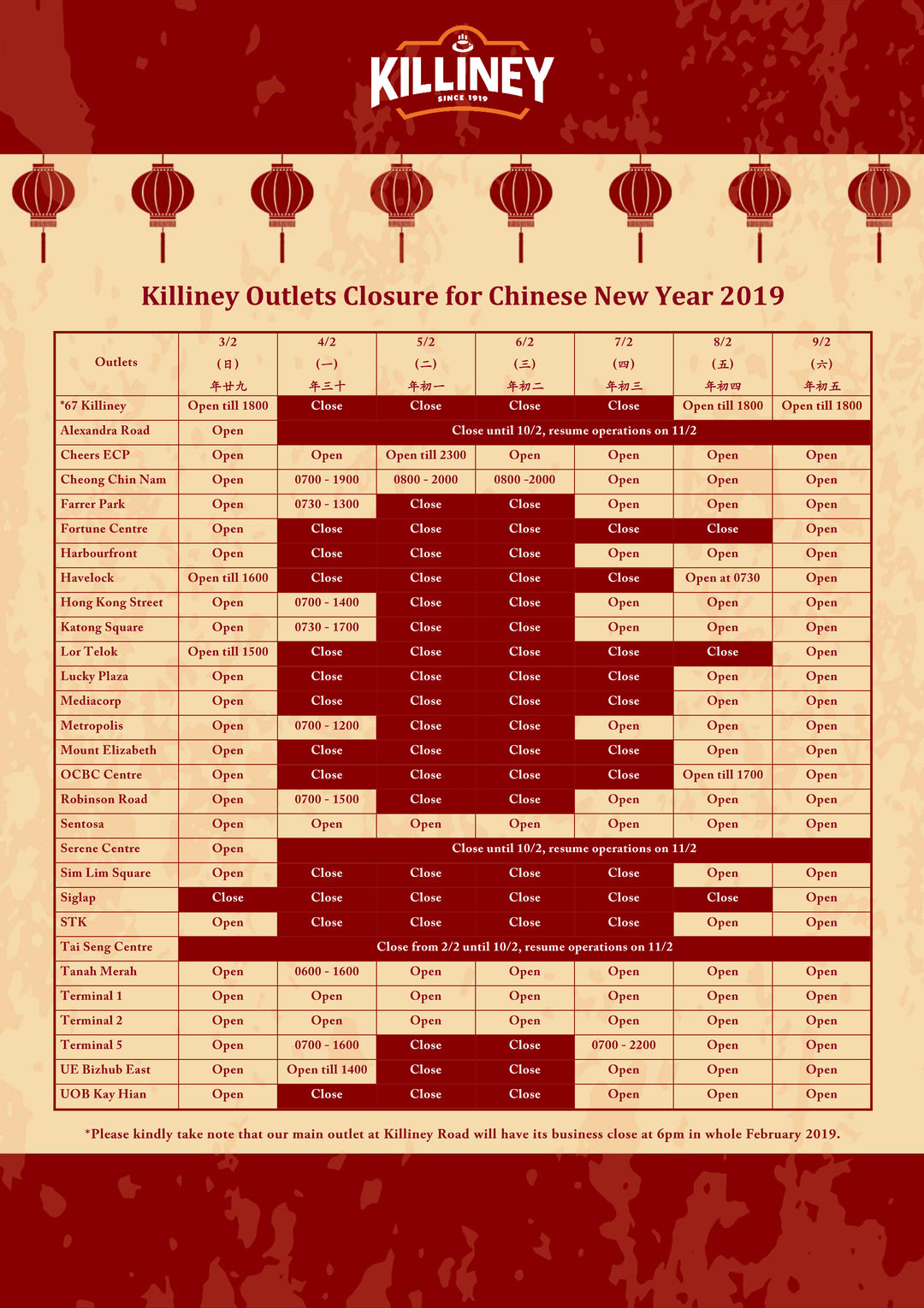 Killiney Outlets Closure as for CNY 2019