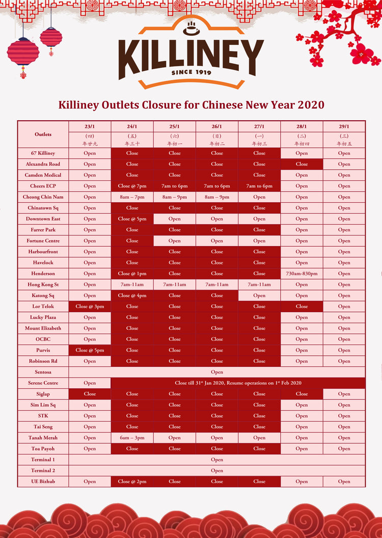 Killiney Outlets Closure for CNY 2020