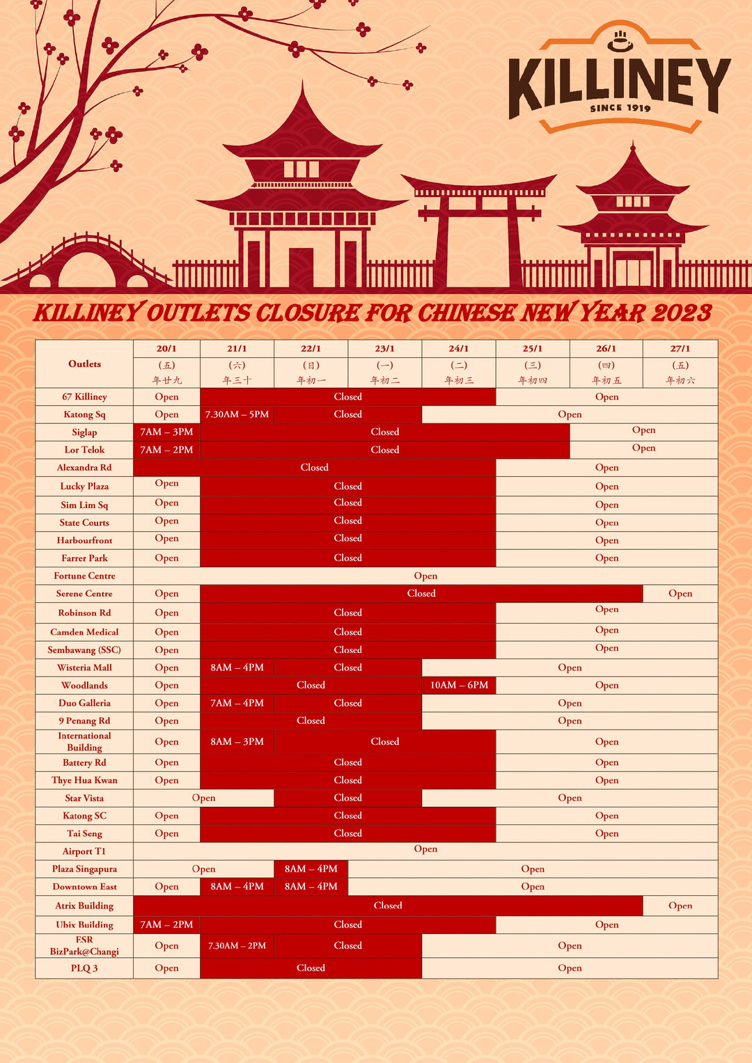 2023 Chinese New Year Outlet Operating Hours